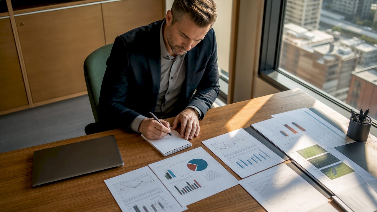 Finansų analitikas biure gilina įmonių sektoriaus analizę.