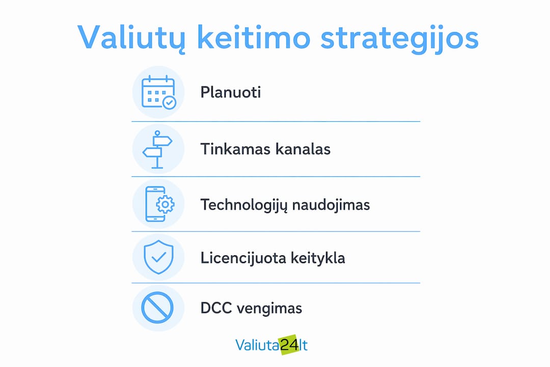 Infografikas: kaip protingai keistis valiutą – pagrindinės strategijos ir patarimai