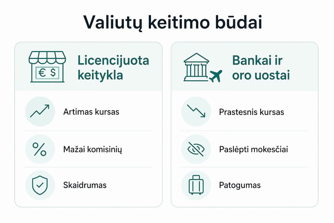 Vizualus skirtingų valiutos keitimo būdų palyginimas – aiškiai pateiktas infografikas, leidžiantis greitai suprasti, kuo skiriasi įvairūs keitimo variantai.
