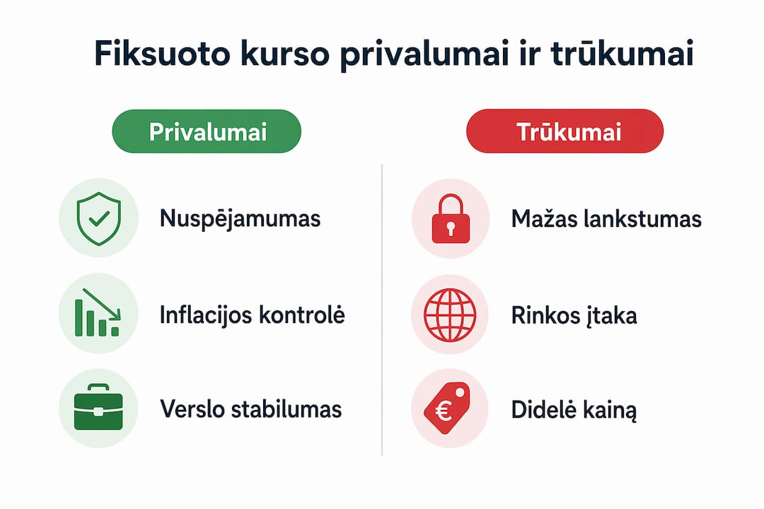 Šioje infografikoje aiškiai pateikiami pagrindiniai fiksuoto valiutų kurso privalumai ir galimi minusai.