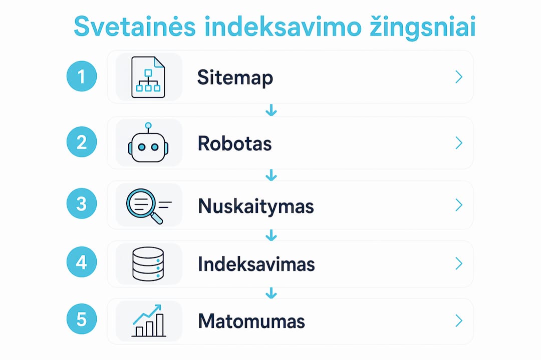 Vizualiai pateiktas, nuoseklus svetainės indeksavimo proceso paaiškinimas