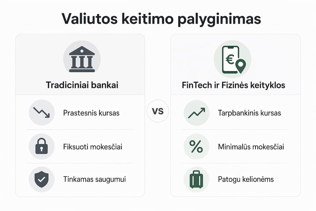 Vizualus skirtingų valiutos keitimo būdų palyginimas