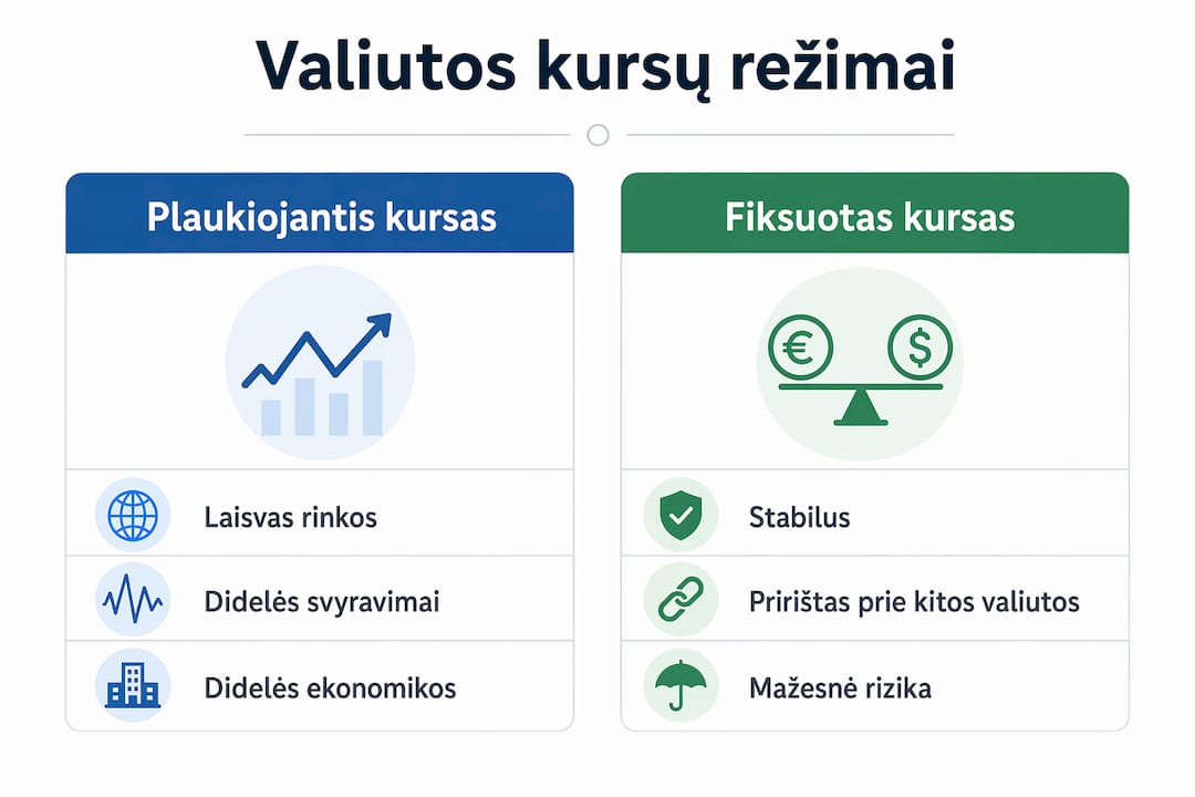 Infografikas, vaizdžiai parodantis plaukiojančio ir fiksuoto valiutų kurso skirtumus
