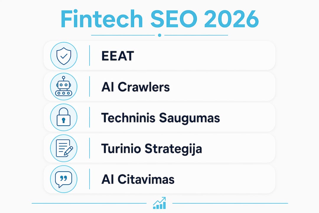 Infografikas: penkios svarbiausios SEO taisyklės fintech sektoriui 2026 metais