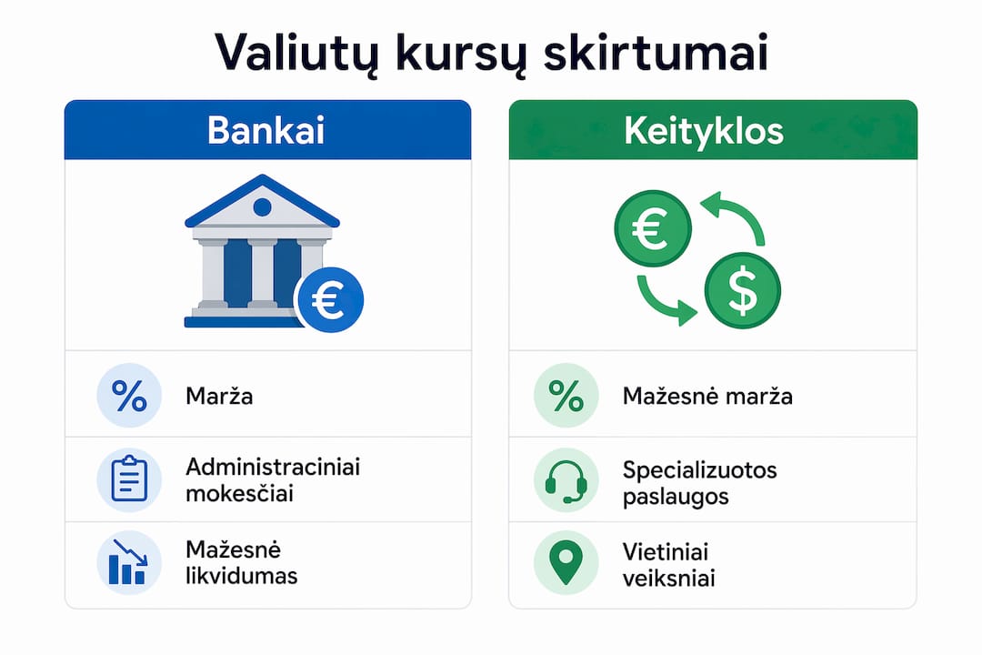 Vizualus palyginimas: kaip skiriasi valiutų kursai bankuose ir valiutų keityklose