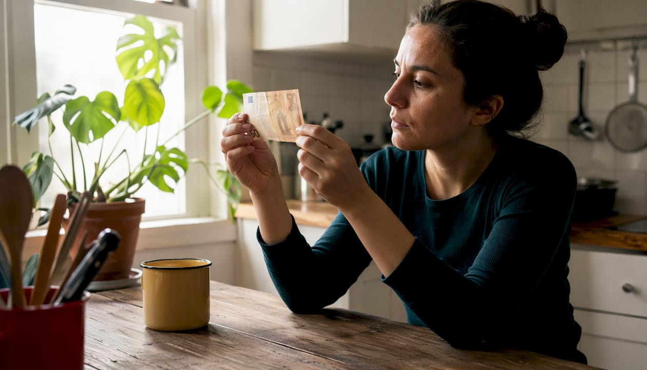 Rankose laikomas euro banknotas, pro šviesą matomas vandens ženklas.