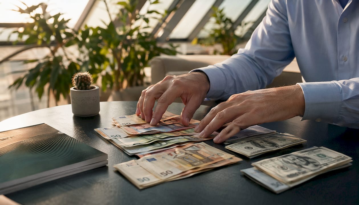 Ant stalo tvarkingai dėliojami įvairių šalių banknotai.