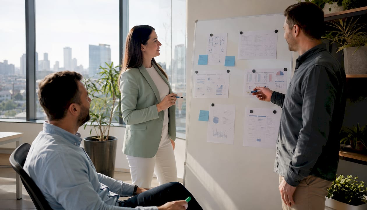 Finansinių technologijų komanda susėdo prie bendro stalo ir svarsto būsimas strategijas.