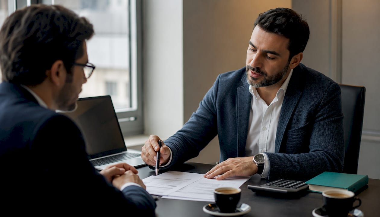 Finansų konsultantas aiškina, kaip atliekami valiutos keitimo skaičiavimai