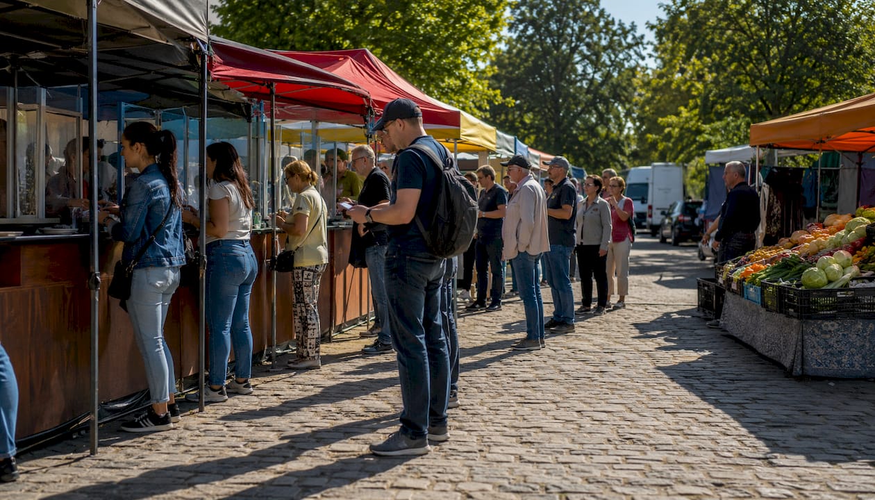 Banko fojė įrengti valiutos keitimo langeliai, prie kurių laukia klientai.
