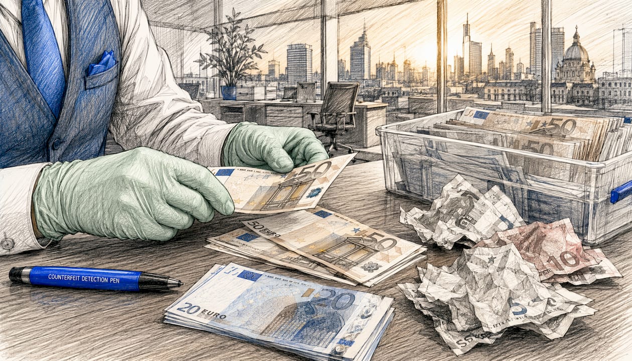 Hands sorting cash in secure currency exchange room