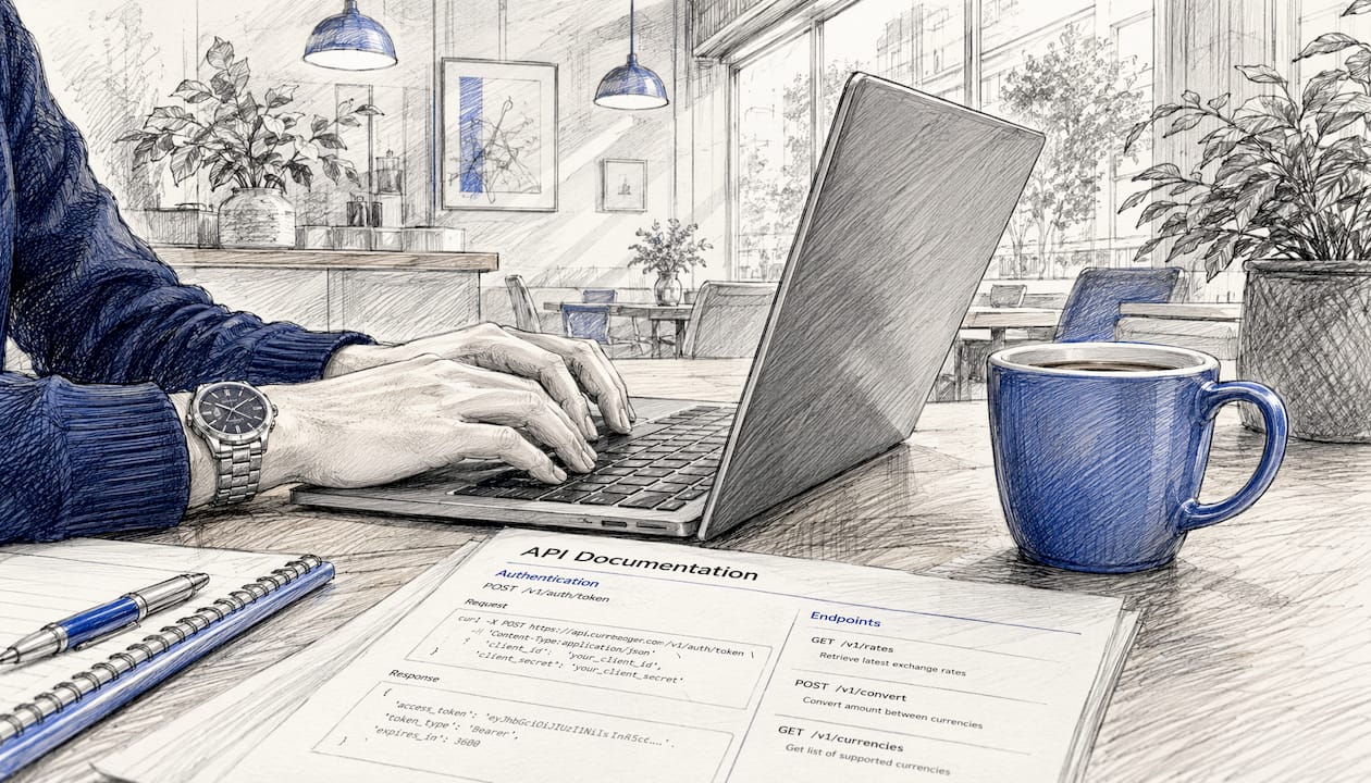 Developer hands typing on laptop with API sheet