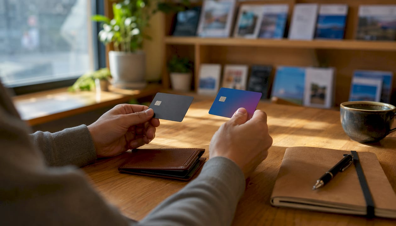 Žmogus rankose laiko banko ir FinTech korteles, padėtas ant žemėlapio.
