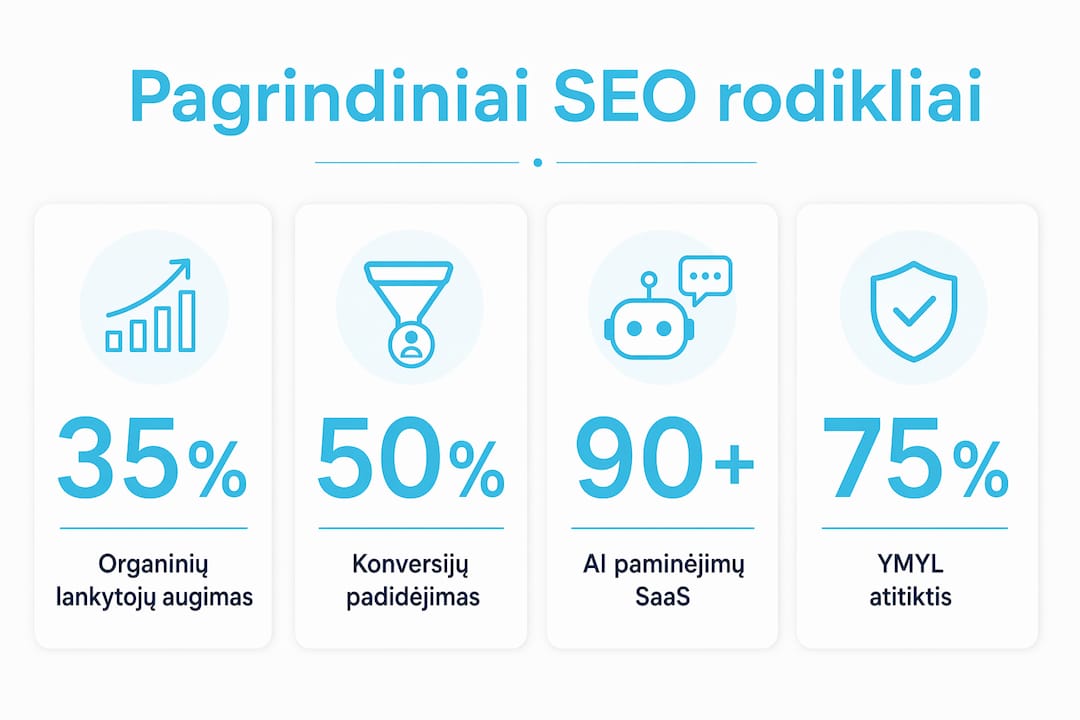 Vizualiai pateikti pagrindiniai SEO rodikliai, svarbūs fintech ir SaaS verslams