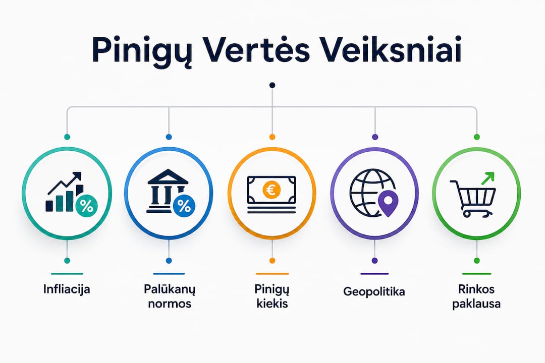Infografikas: pagrindiniai veiksniai, darantys įtaką pinigų vertei