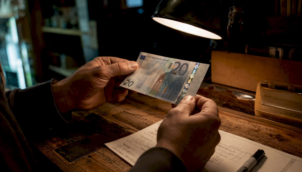 Rankos kruopščiai tikrina euro banknoto apsaugos elementus
