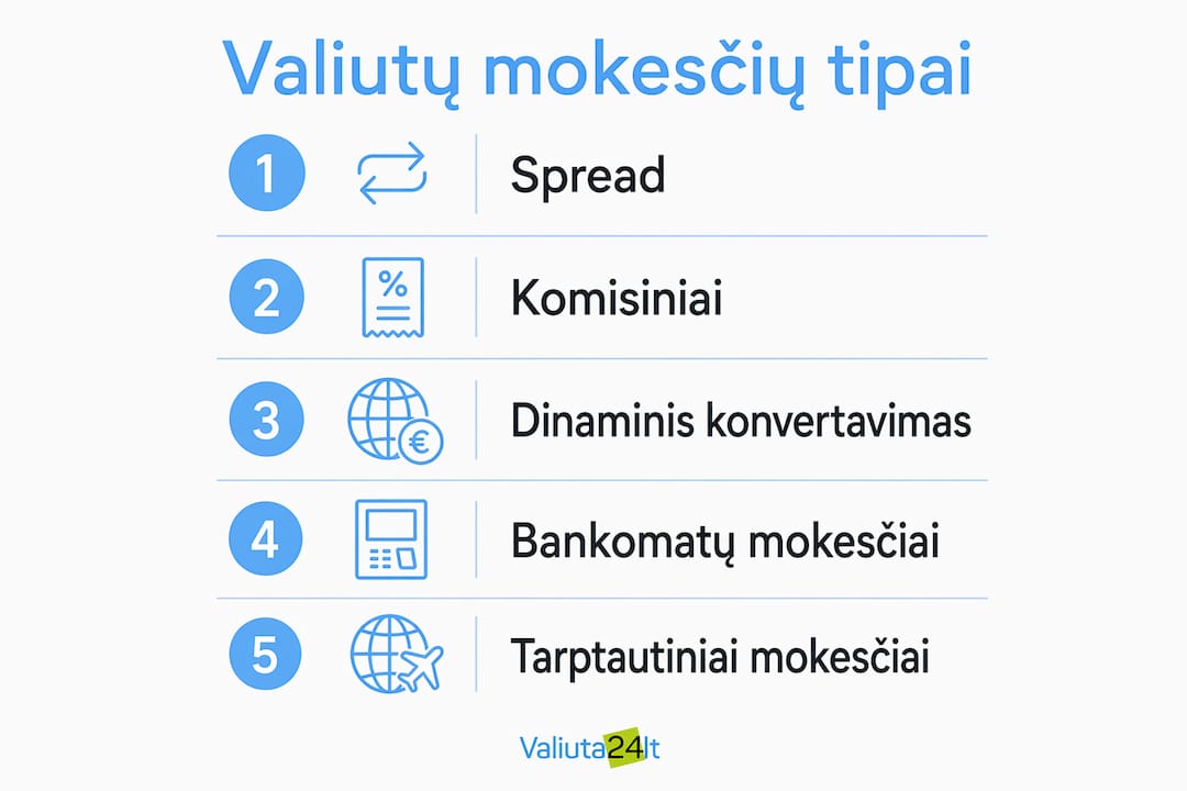 Vizualus gidas apie pagrindinius valiutos keitimo mokesčius ir patį keitimo procesą Lietuvoje