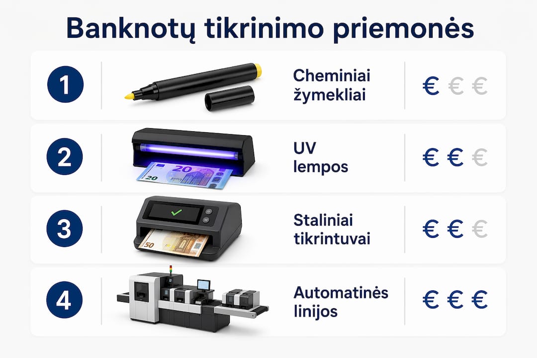 Infografikas apie banknotų tikrinimo priemones ir jų kainas
