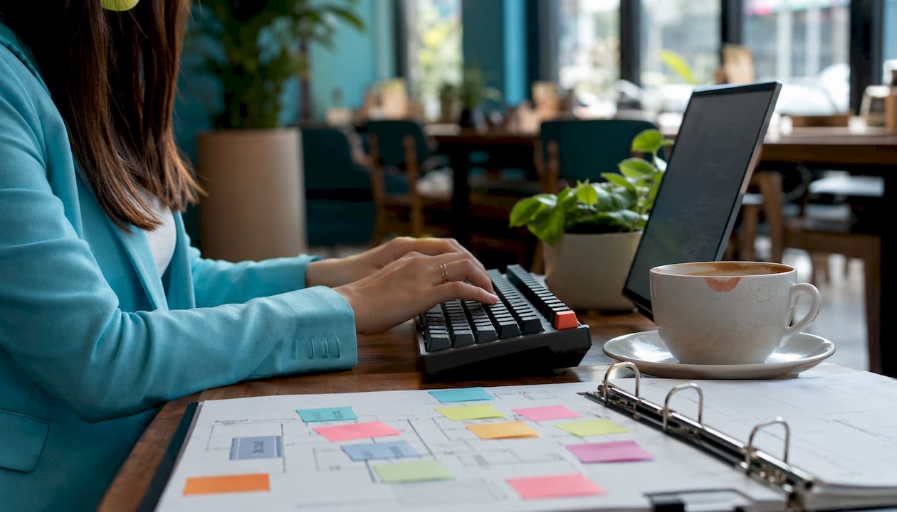 Finansinių technologijų srityje dirbantis žmogus namuose kuria ir tobulina CRM veiklos procesus, įsitraukęs į kompiuterio klaviatūros spaudymą.