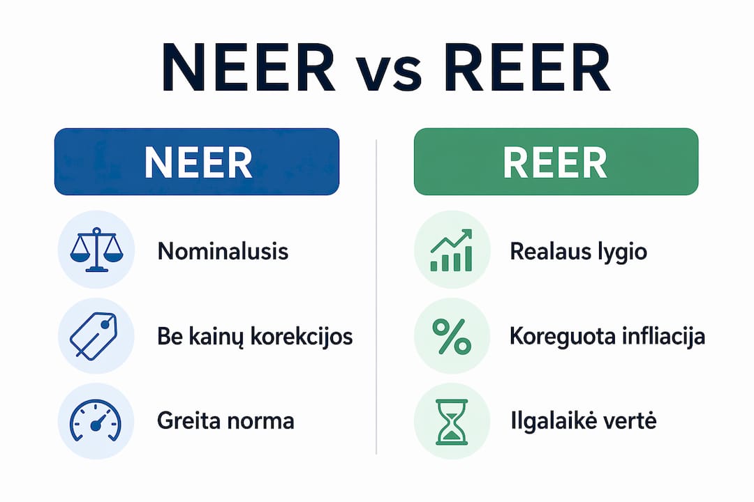 Infografikas, kuriame palyginami NEER ir REER valiutų indeksai