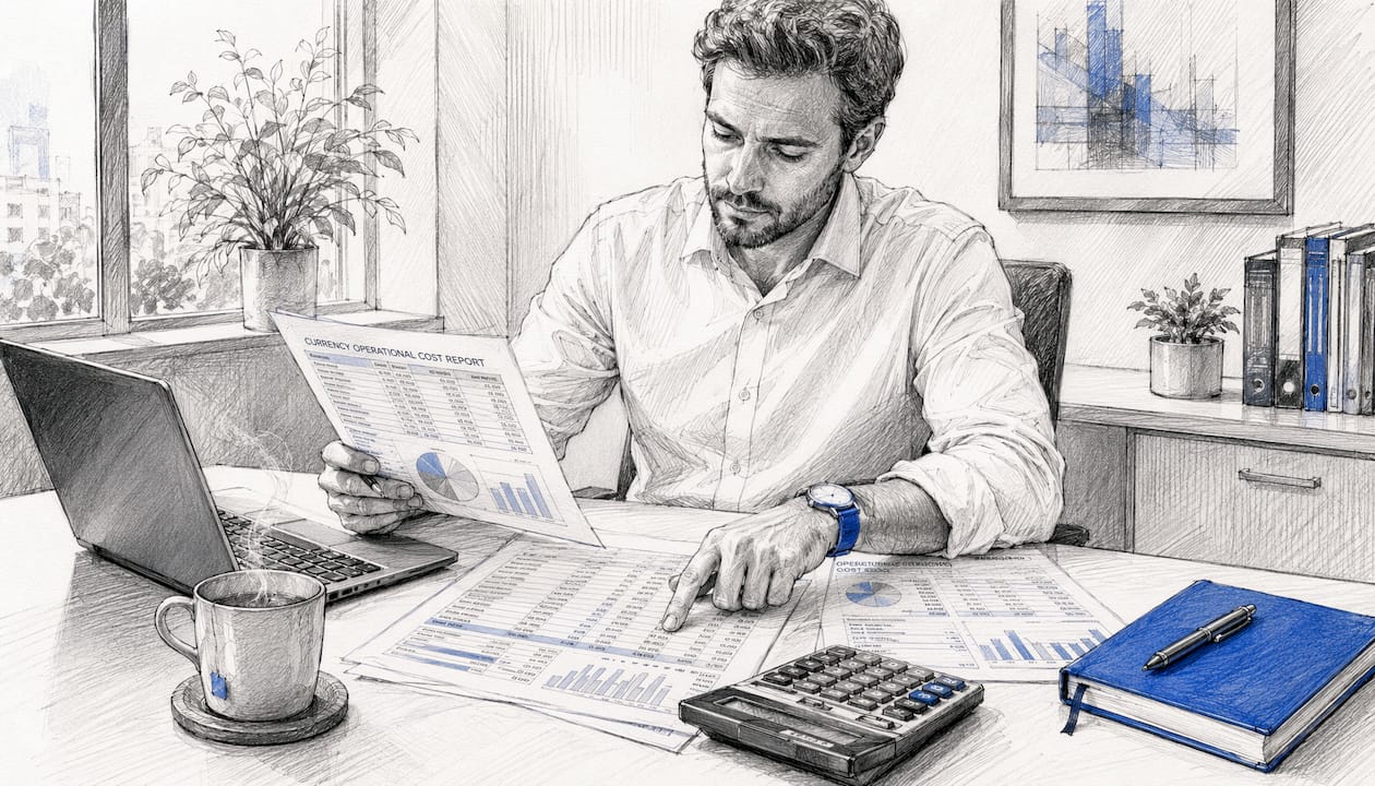 Manager examining currency operational cost reports