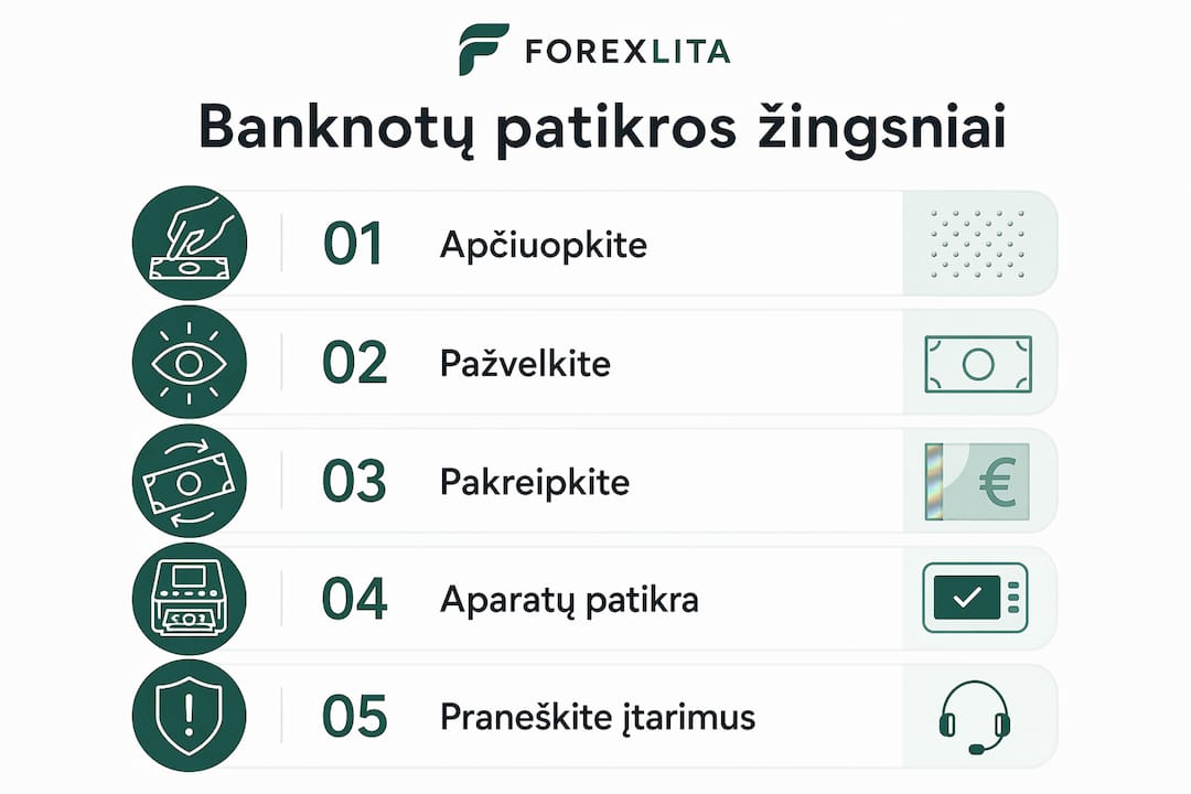 Vizualus gidas: kaip atpažinti tikrus banknotus – žingsnis po žingsnio