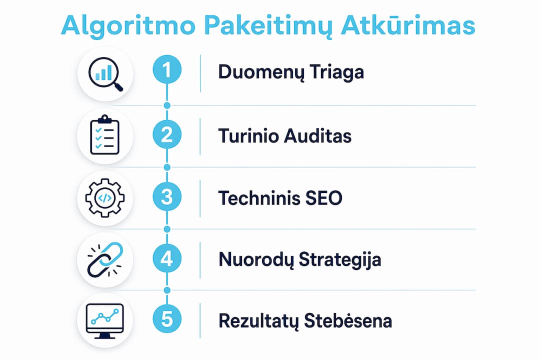 Finansinių technologijų algoritmų atkūrimo žingsnių infografikas