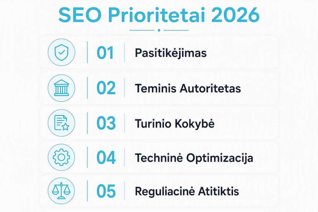 Infografikas: svarbiausi SEO tikslai ir strategijos fintech sektoriui 2026 metais