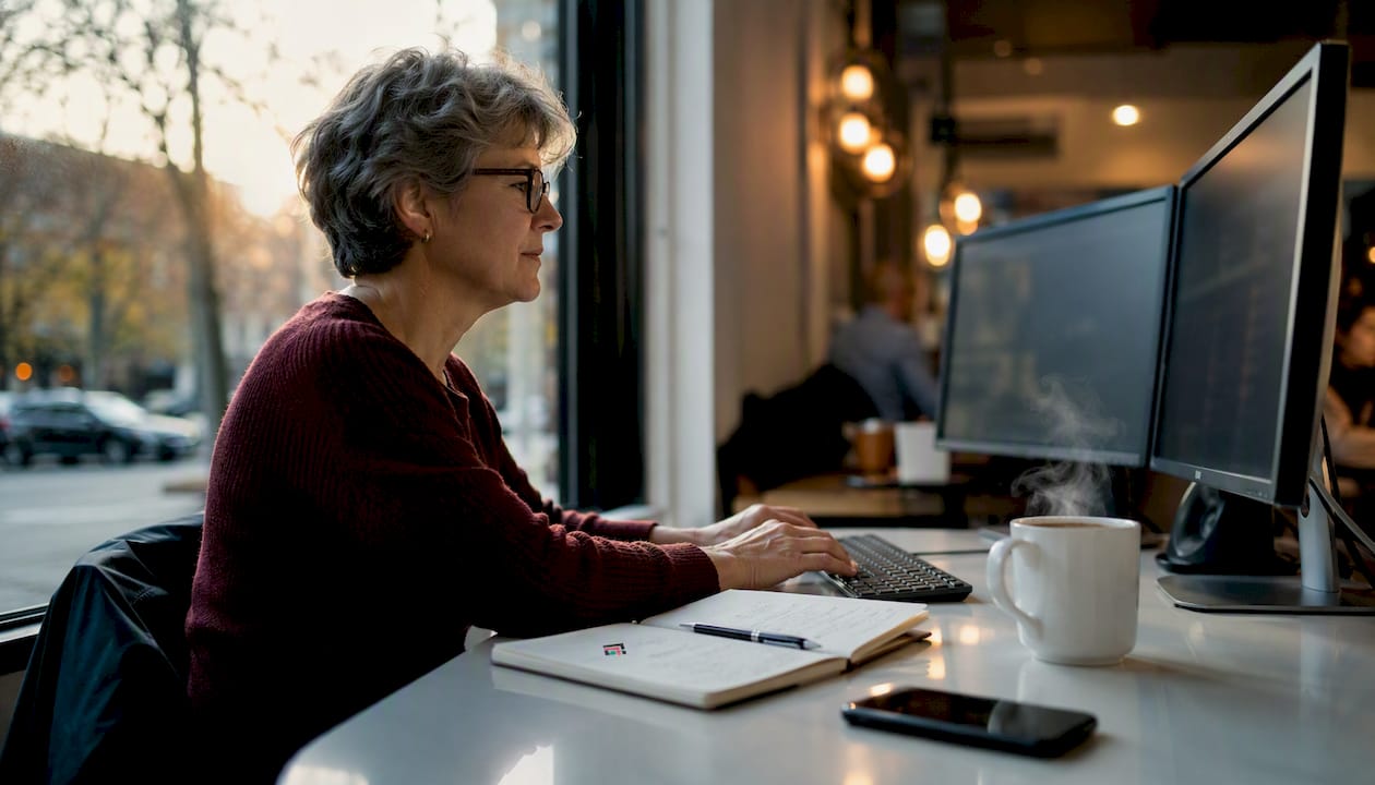 Woman working on treasury software at home office desk