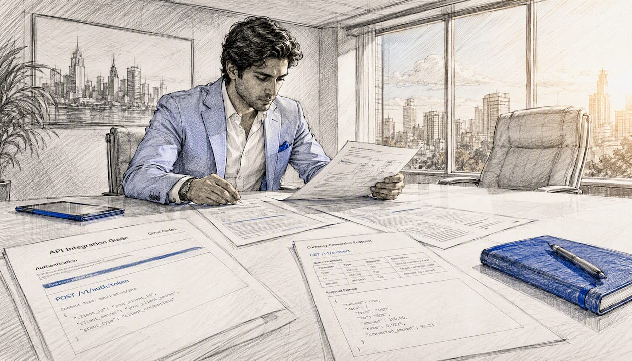 Hands typing near API documentation on desk