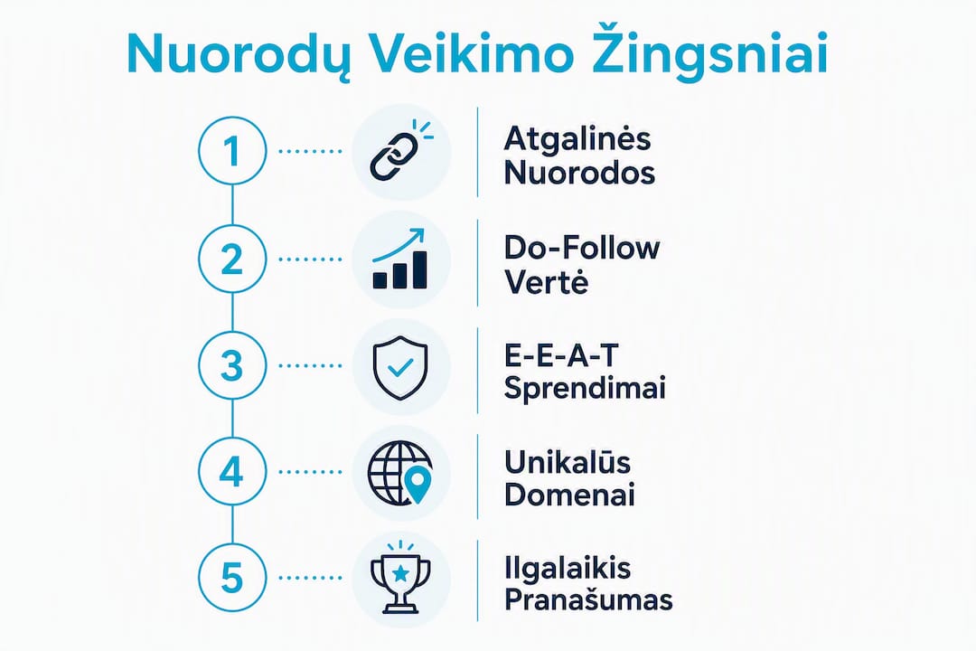 Infografikas, kuriame aiškiai pateikiami svarbiausi nuorodų kūrimo ir SEO žingsniai