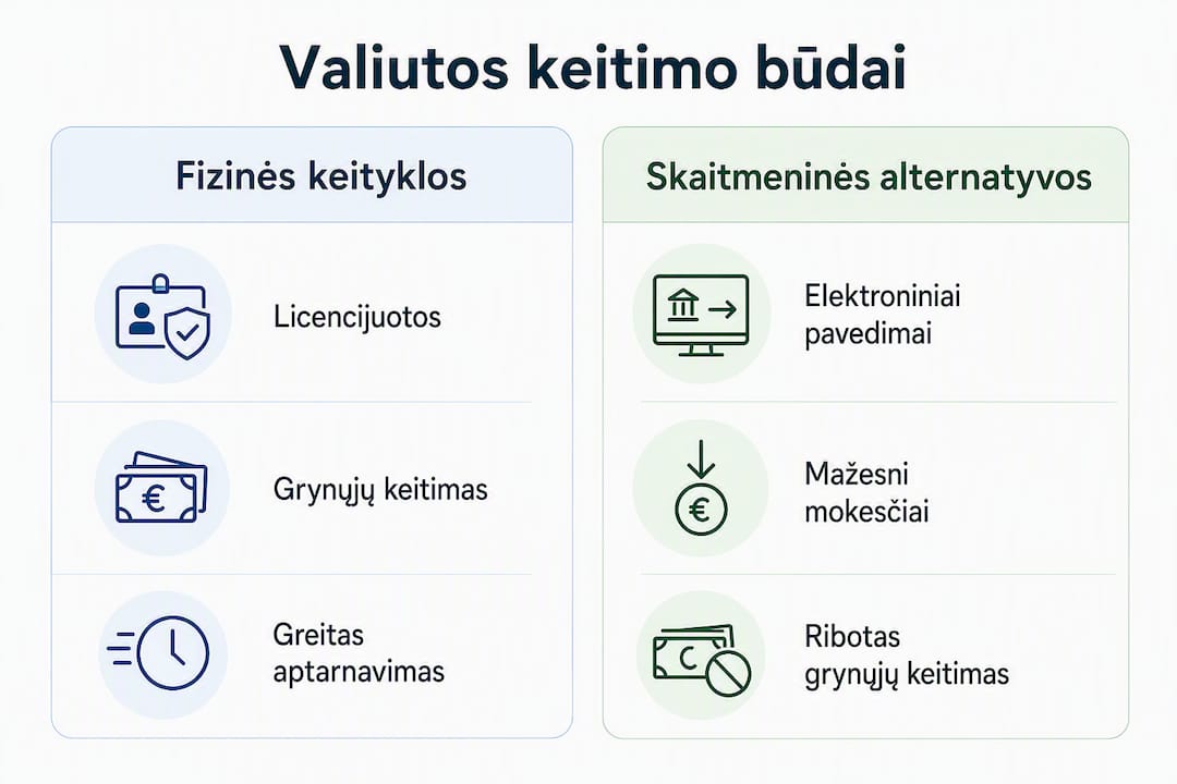 Infografikas: skirtingų valiutos keitimo būdų privalumų ir trūkumų apžvalga