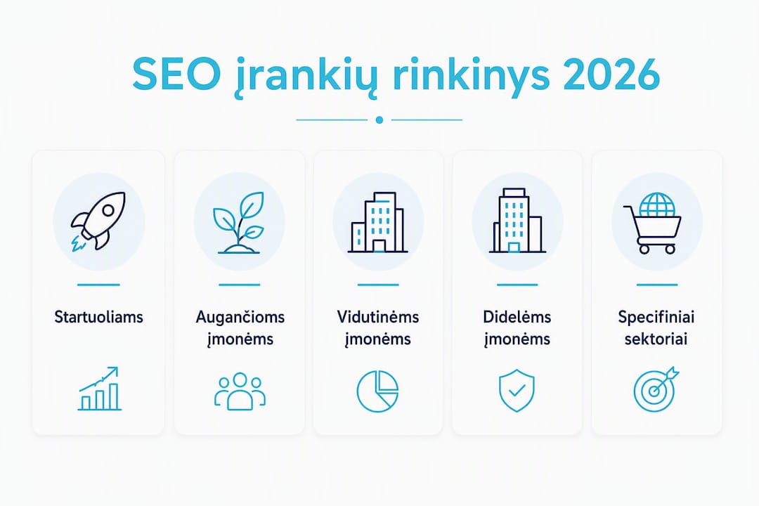 Infografikas: SEO įrankių pasirinkimo struktūra pagal įmonės dydį