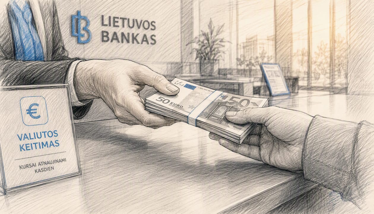Prie banko langelio rankos perduoda eurų kupiūras.