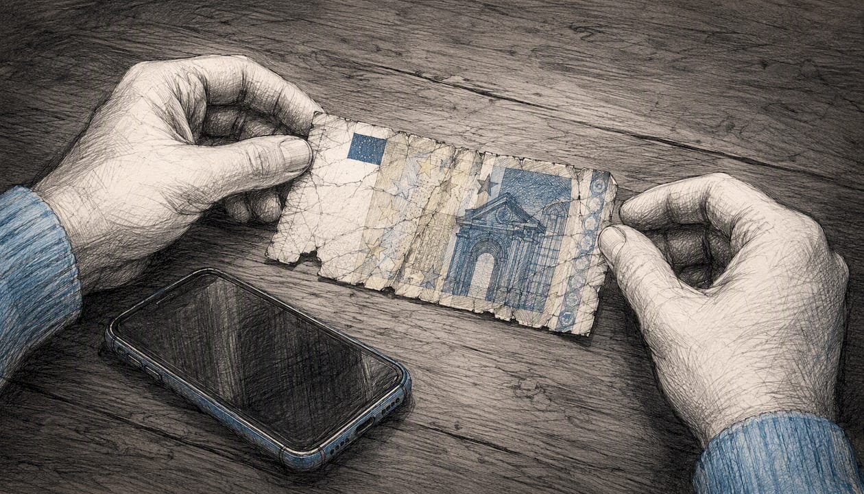 Rankos fotografuoja pažeistą euro banknotą