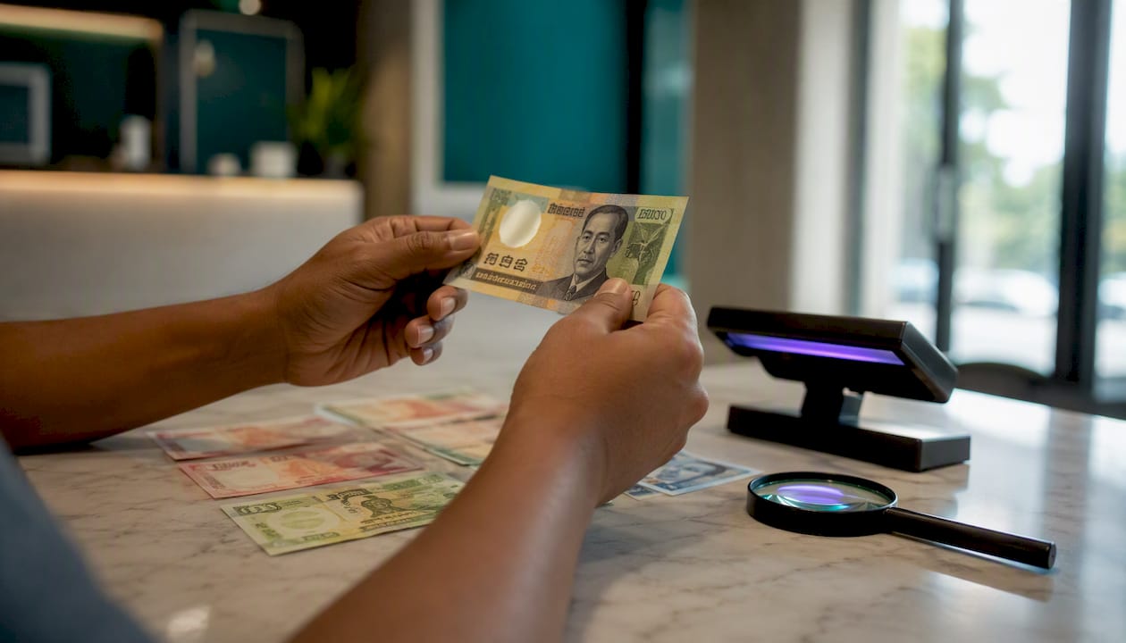 Banknotų tikrumas tikrinamas laikant juos prieš šviesą