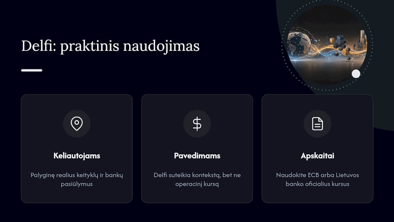 Delfi valiutų informacijos panaudojimo galimybės: keliautojams, verslui ir buhalteriams (schemos pristatymas)