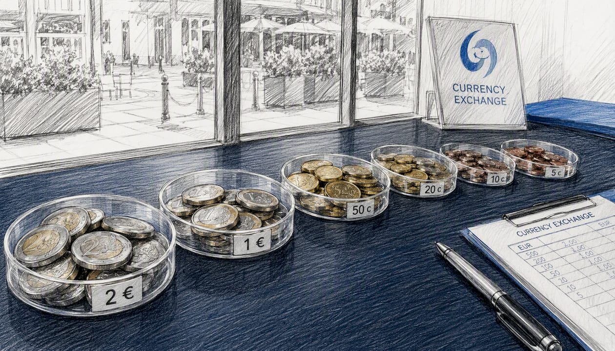 Padėklai, kuriuose tvarkingai sudėlioti euro centai ir monetos