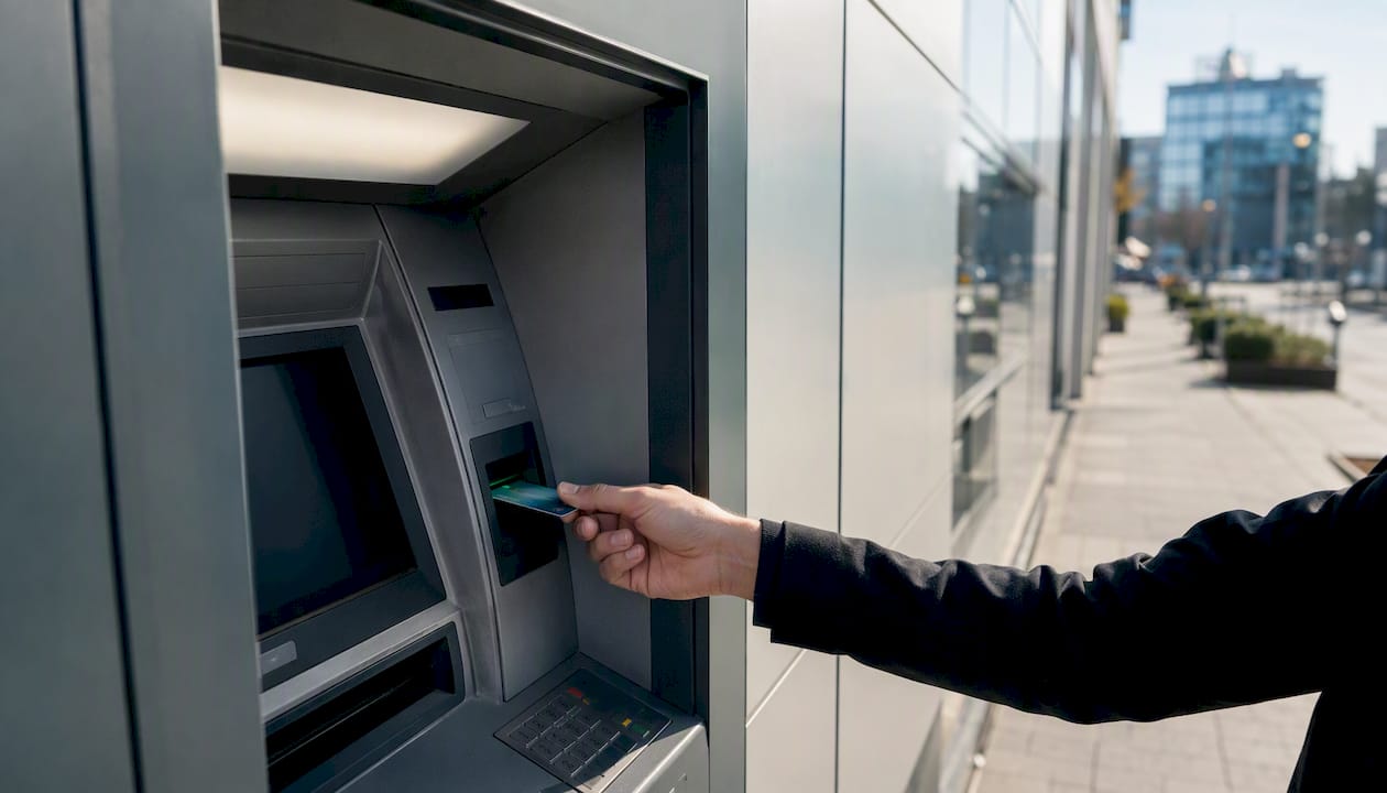Ranka įstumia banko kortelę į bankomatą