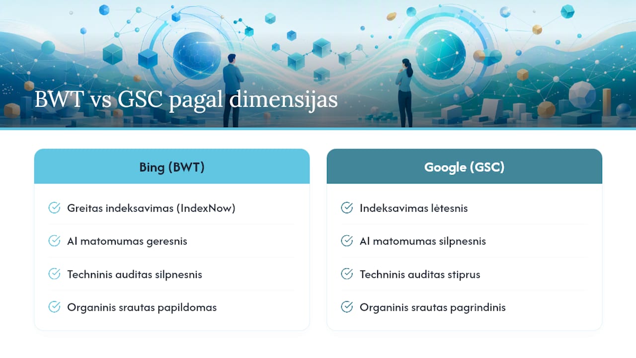 Bing Webmaster Tools ir Google Search Console funkcijų palyginimo schema