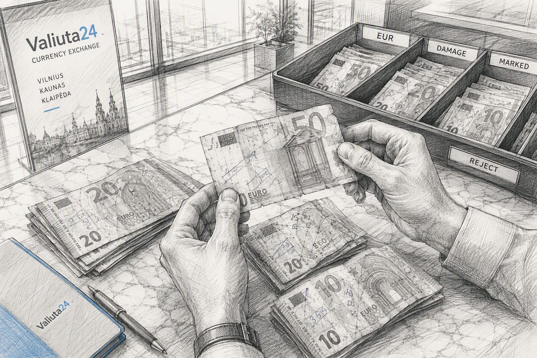 Ant prekystalio rankos rūšiuoja pažymėtus euro banknotus.