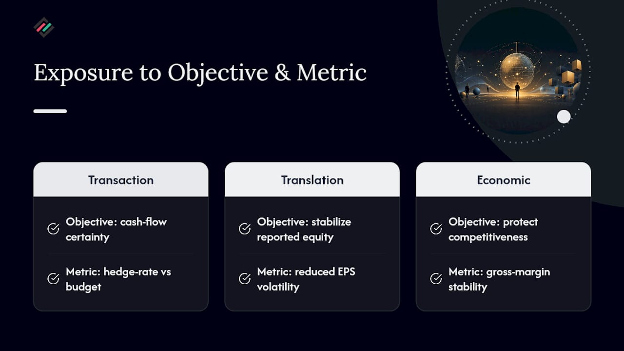 Diagram mapping exposure types to hedging objectives