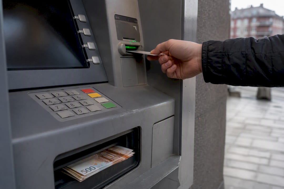 Ranka išimanti norvegiškas kronas iš bankomato