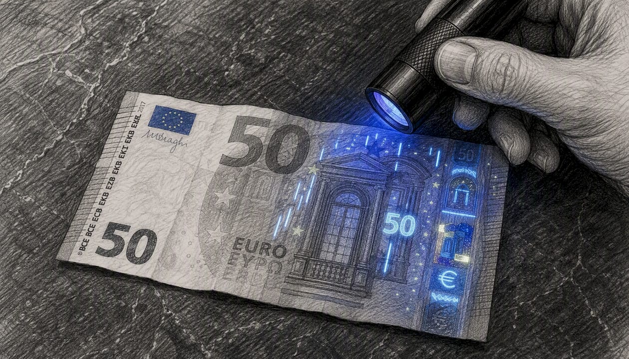 Ultravioletinė šviesa atskleidžia banknoto fluorescencines saugumo savybes
