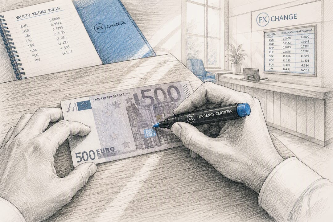 Ranka žymi 500 eurų banknotą su rašikliu