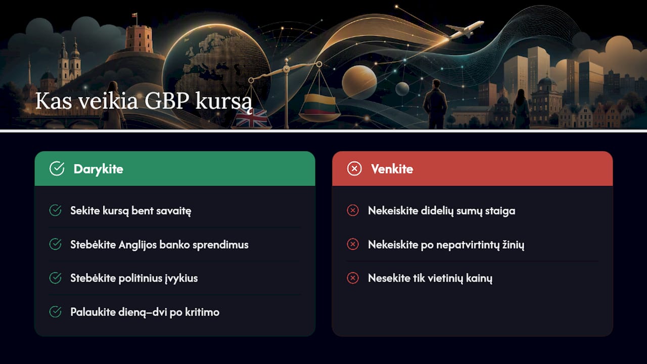 Kaip pasaulio įvykiai veikia GBP kursą Lietuvoje — overview diagram