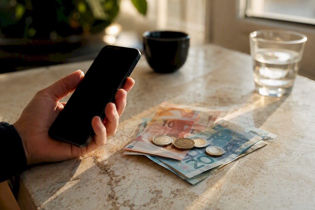 Ranka laiko telefoną šalia piniginės ant medinio stalo