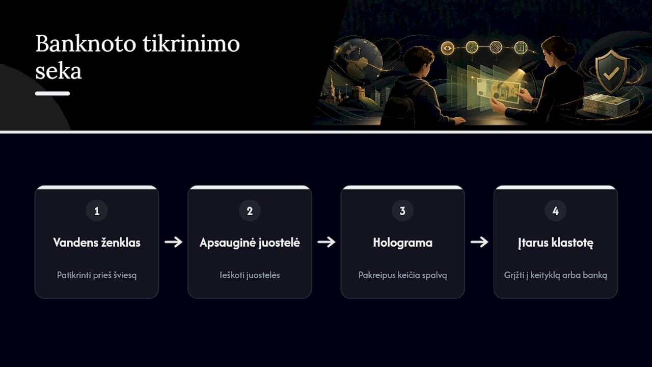 Popierinių pinigų apsaugos ženklų tikrinimo tvarka