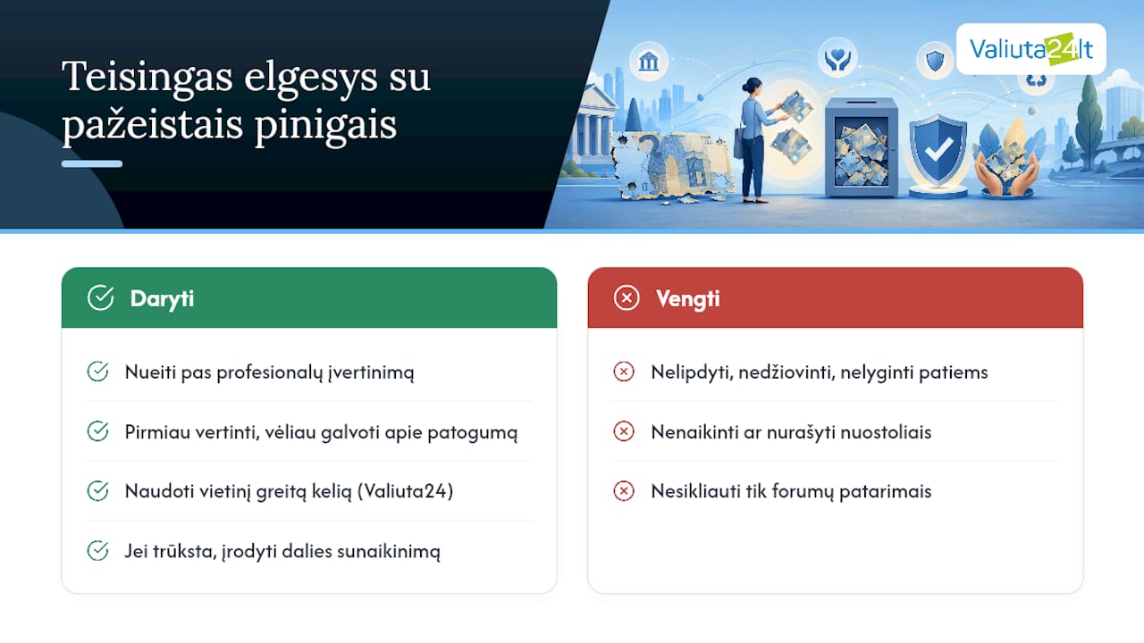 Kodėl žmonės dažniausiai elgiasi neteisingai su pažeistais pinigais — overview diagram