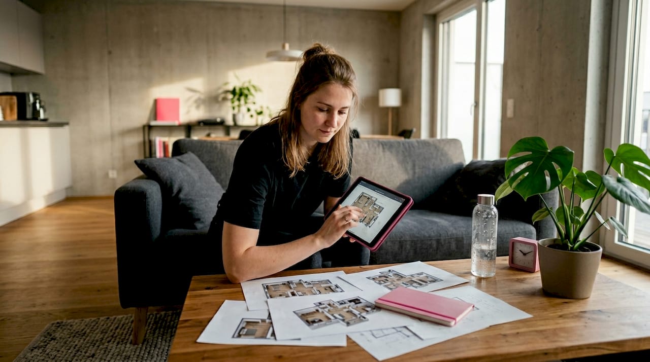 Eine Frau betrachtet virtuelle 3D-Modelle in ihrem Wohnzimmer.
